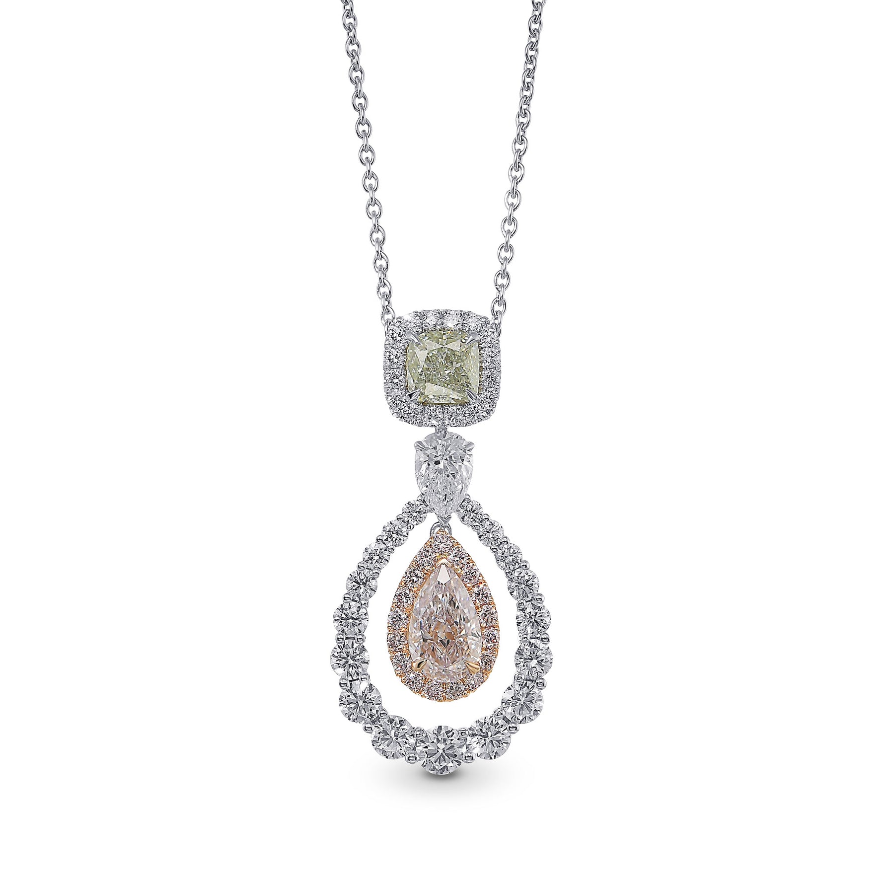 Light Pink Pear and Fancy Yellow Green Cushion Double Halo Drop Diamond Pendant