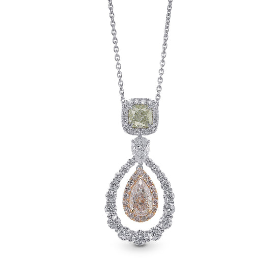Light Pink Pear and Fancy Yellow Green Cushion Double Halo Drop Diamond Pendant