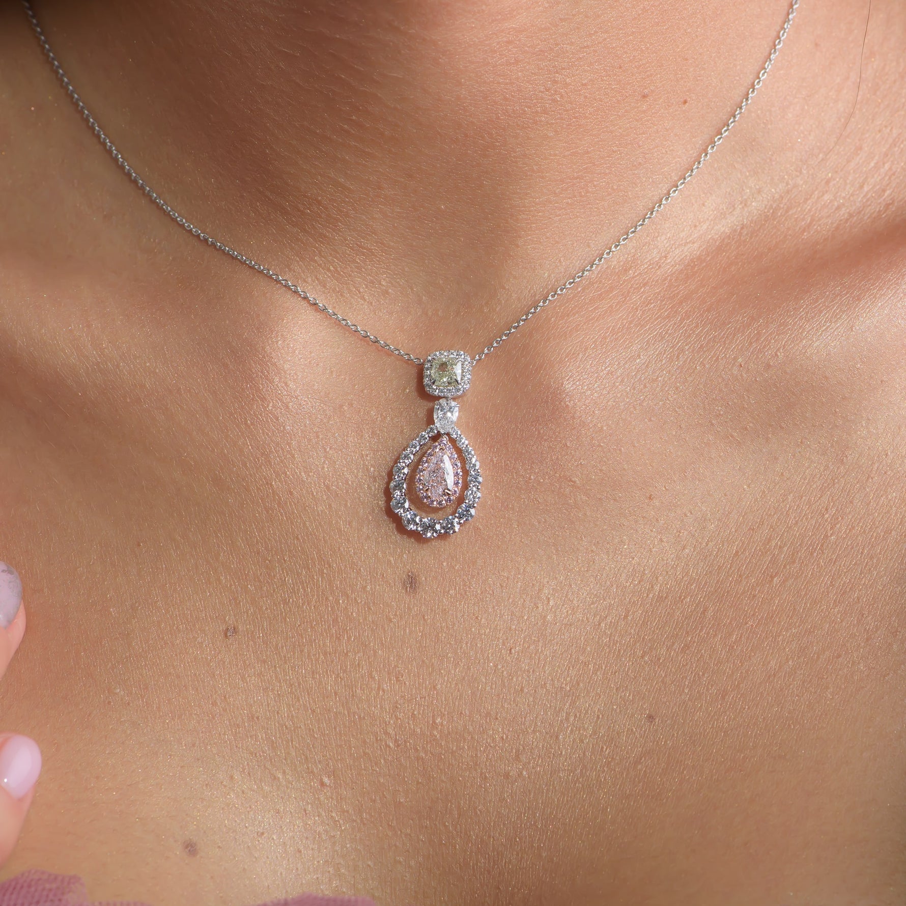 Light Pink Pear and Fancy Yellow Green Cushion Double Halo Drop Diamond Pendant
