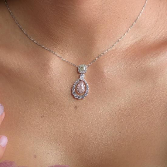Light Pink Pear and Fancy Yellow Green Cushion Double Halo Drop Diamond Pendant