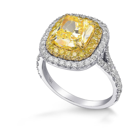 Fancy Intense Yellow Cushion Double Halo Diamond Ring