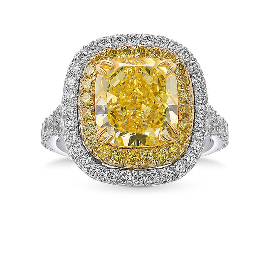 Fancy Intense Yellow Cushion Double Halo Diamond Ring