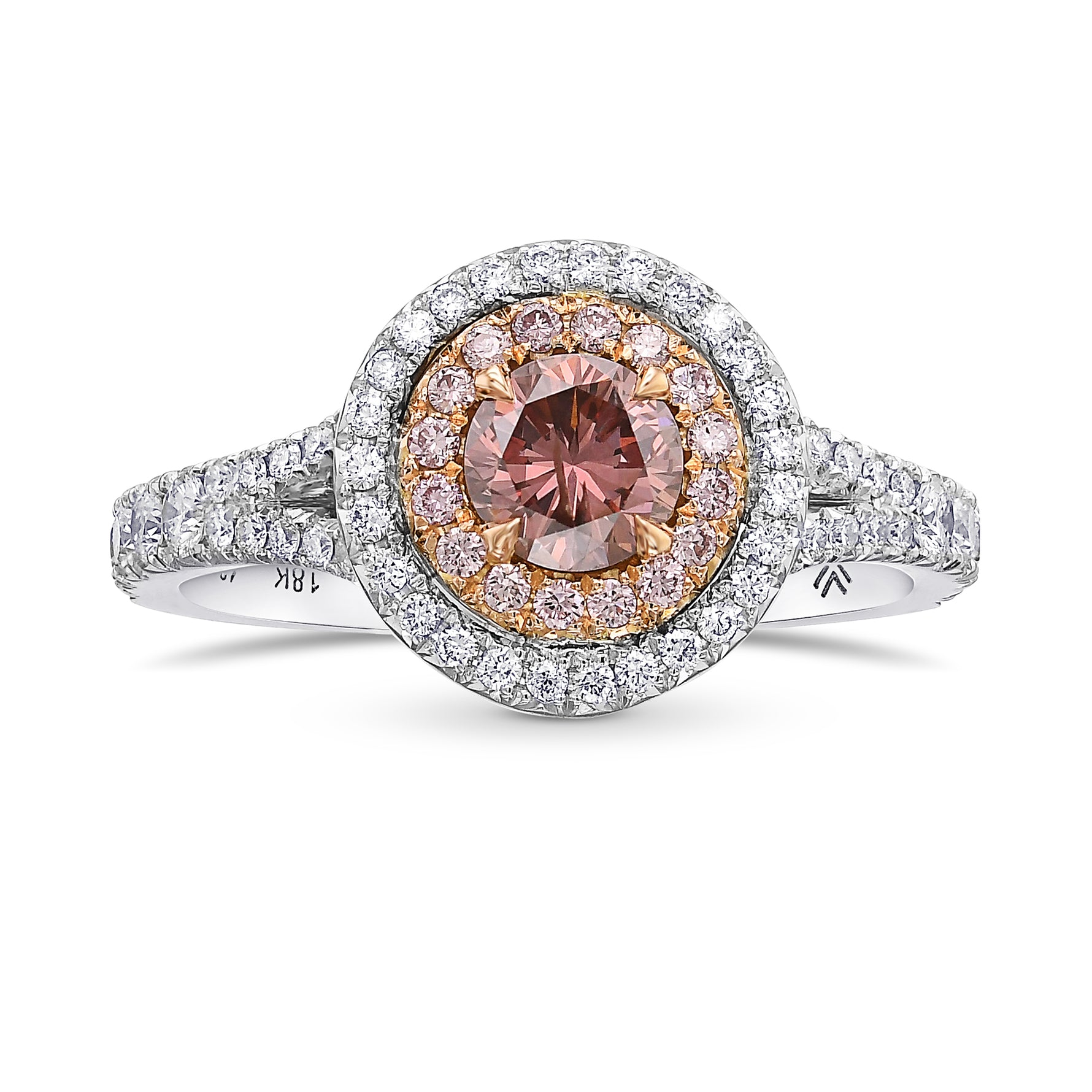 Fancy Deep Brownish Orangy Pink Round Double Halo Diamond Ring