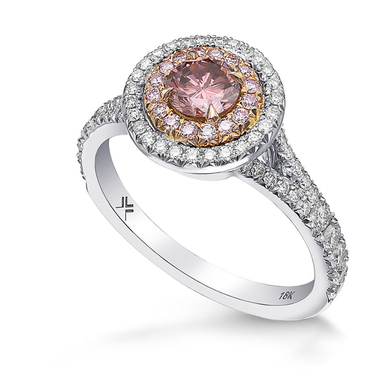 Fancy Deep Brownish Orangy Pink Round Double Halo Diamond Ring