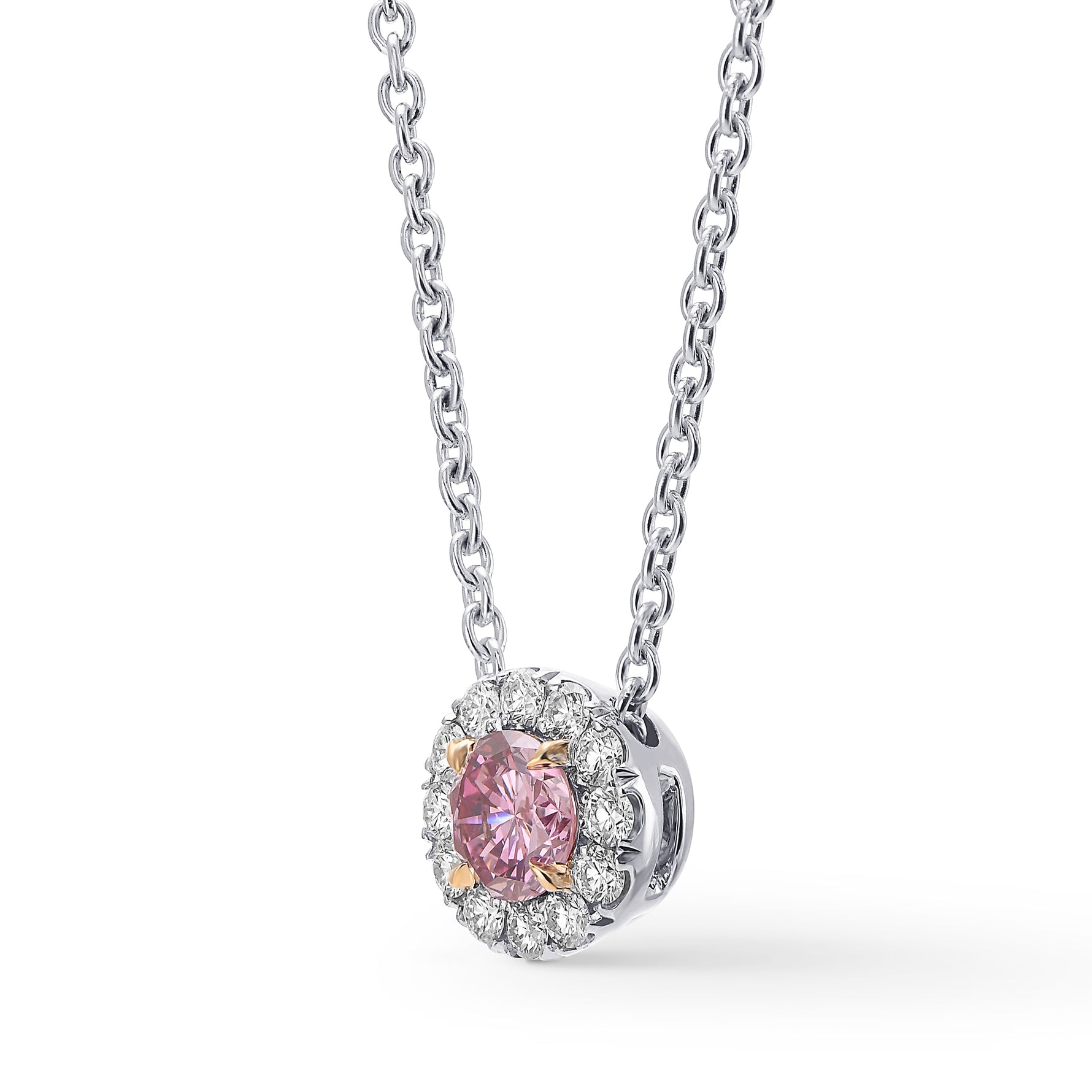 Fancy Intense Purplish Pink Round Diamond Halo Pendant. 