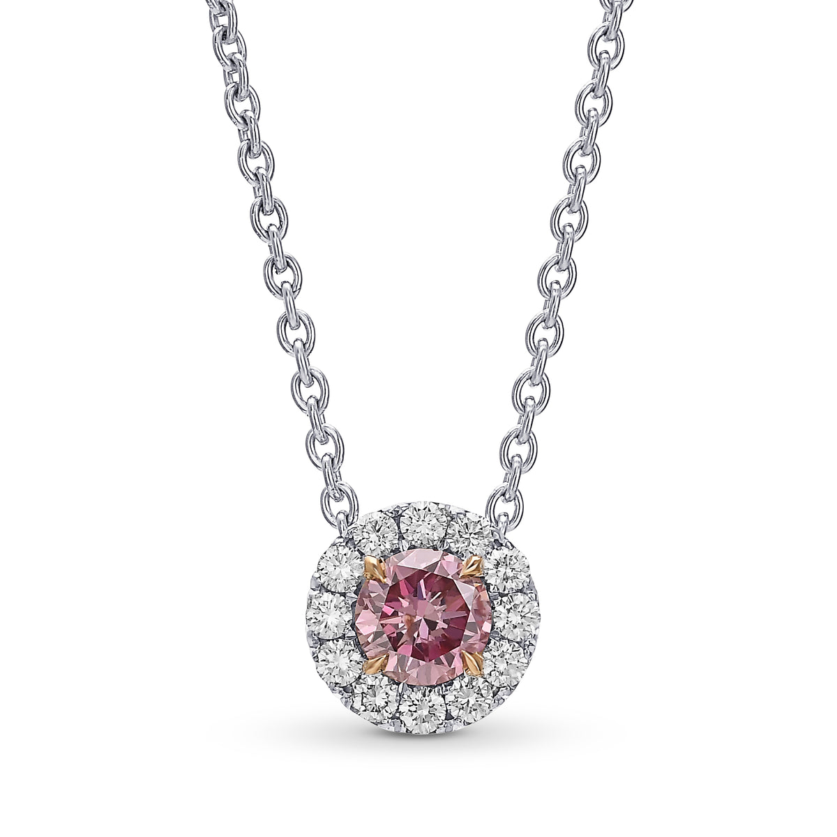 Fancy Intense Purplish Pink Round Diamond Halo Pendant. 