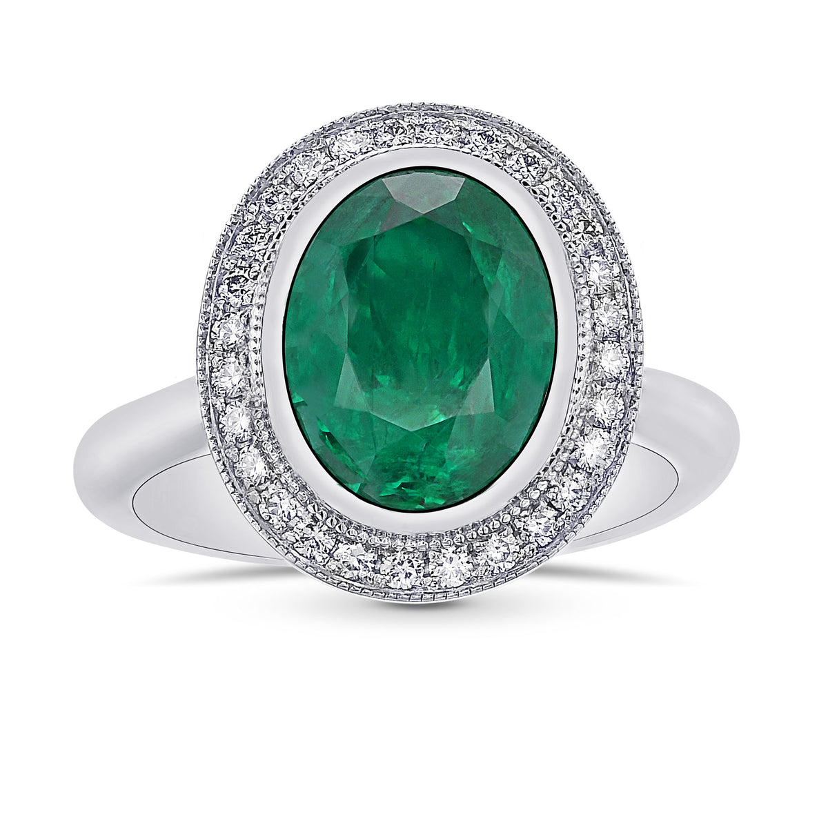 Colombian Green Oval Shape Emerald and Diamond Halo Ring