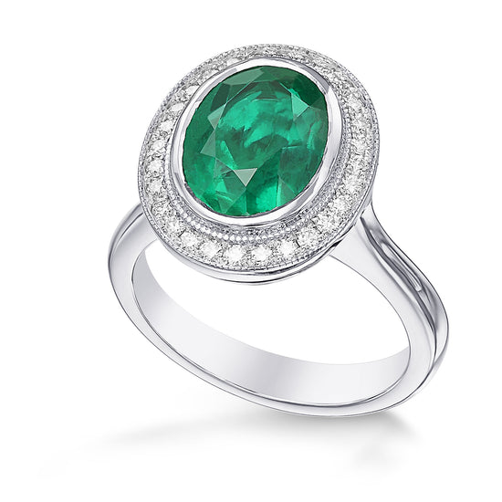 Colombian Green Oval Shape Emerald and Diamond Halo Ring