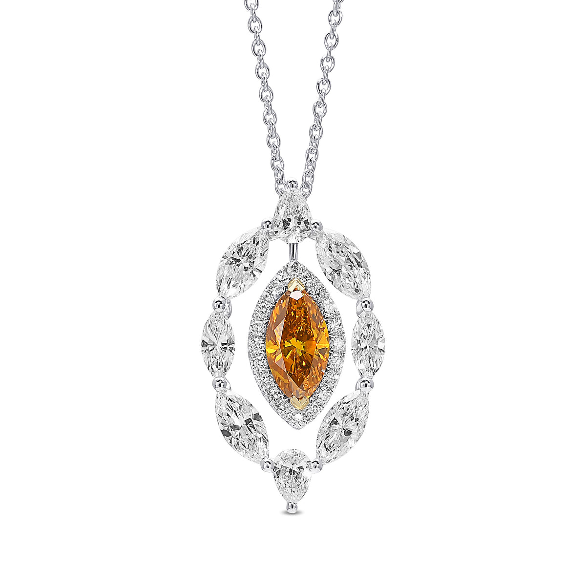 Extraordinary Fancy Deep Yellowish Orange Marquise Double Halo Diamond Pendant.