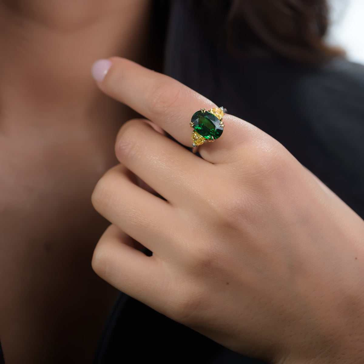  Tsavorite and Fancy Vivid Yellow Diamond 3 Stone Ring