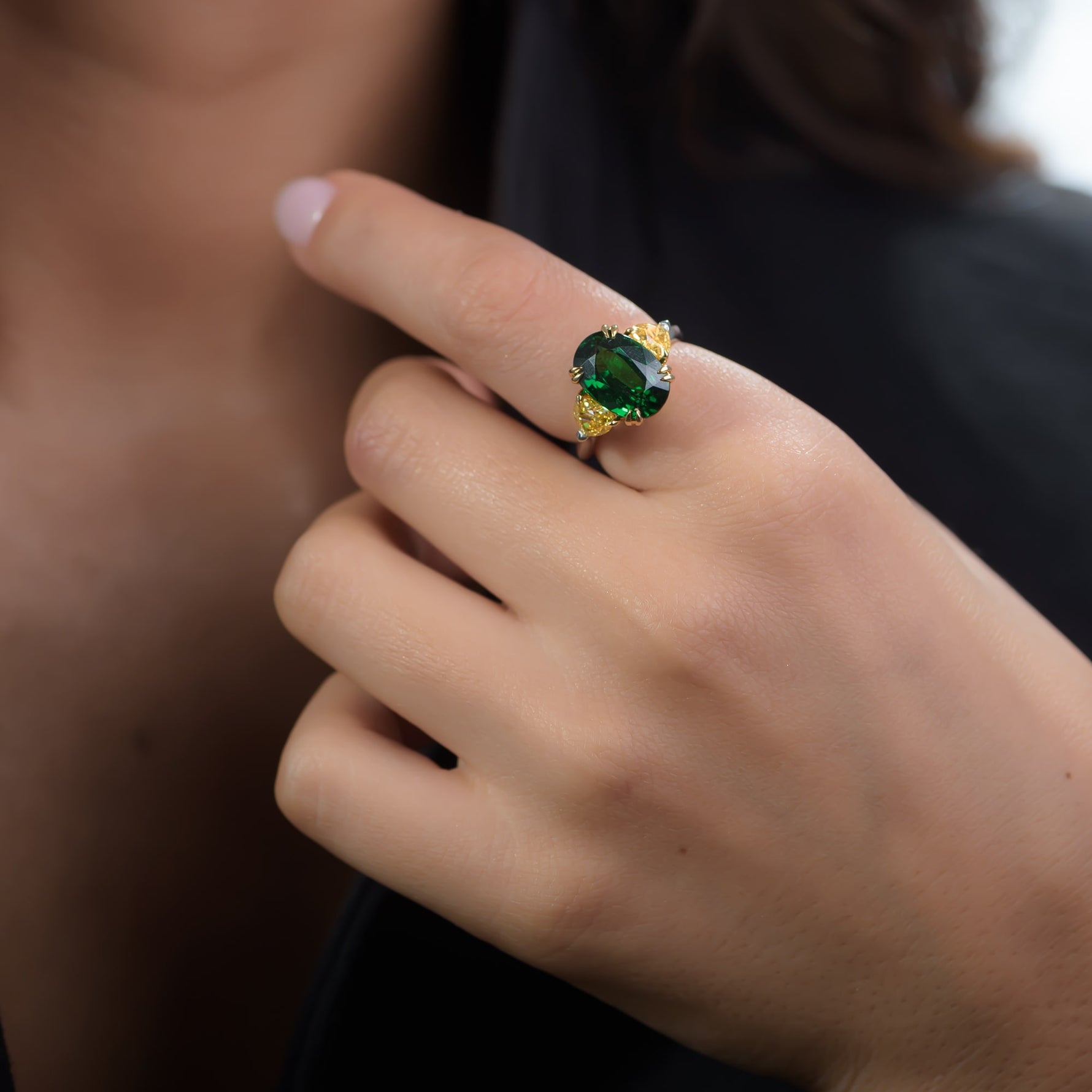  Tsavorite and Fancy Vivid Yellow Diamond 3 Stone Ring