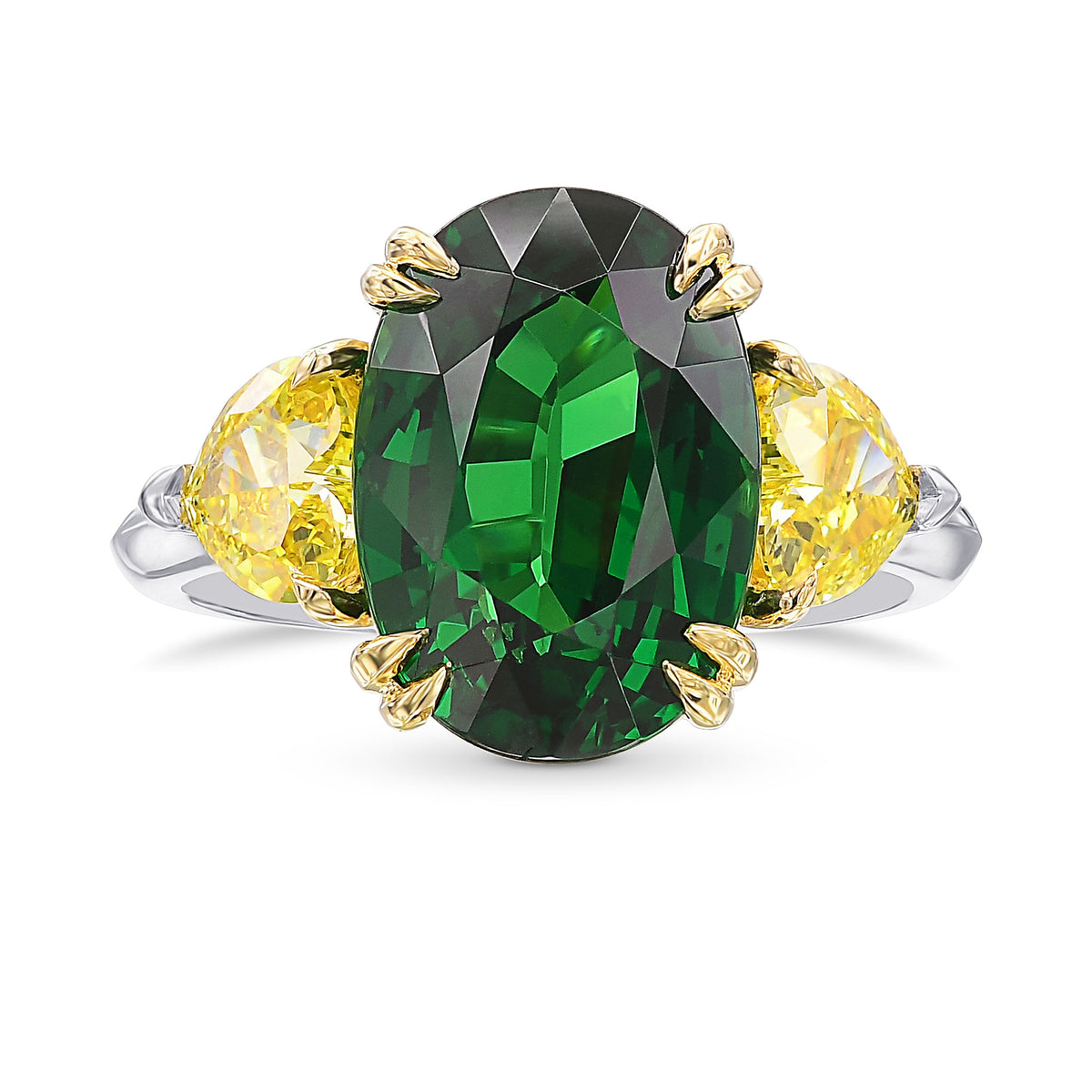  Tsavorite and Fancy Vivid Yellow Diamond 3 Stone Ring