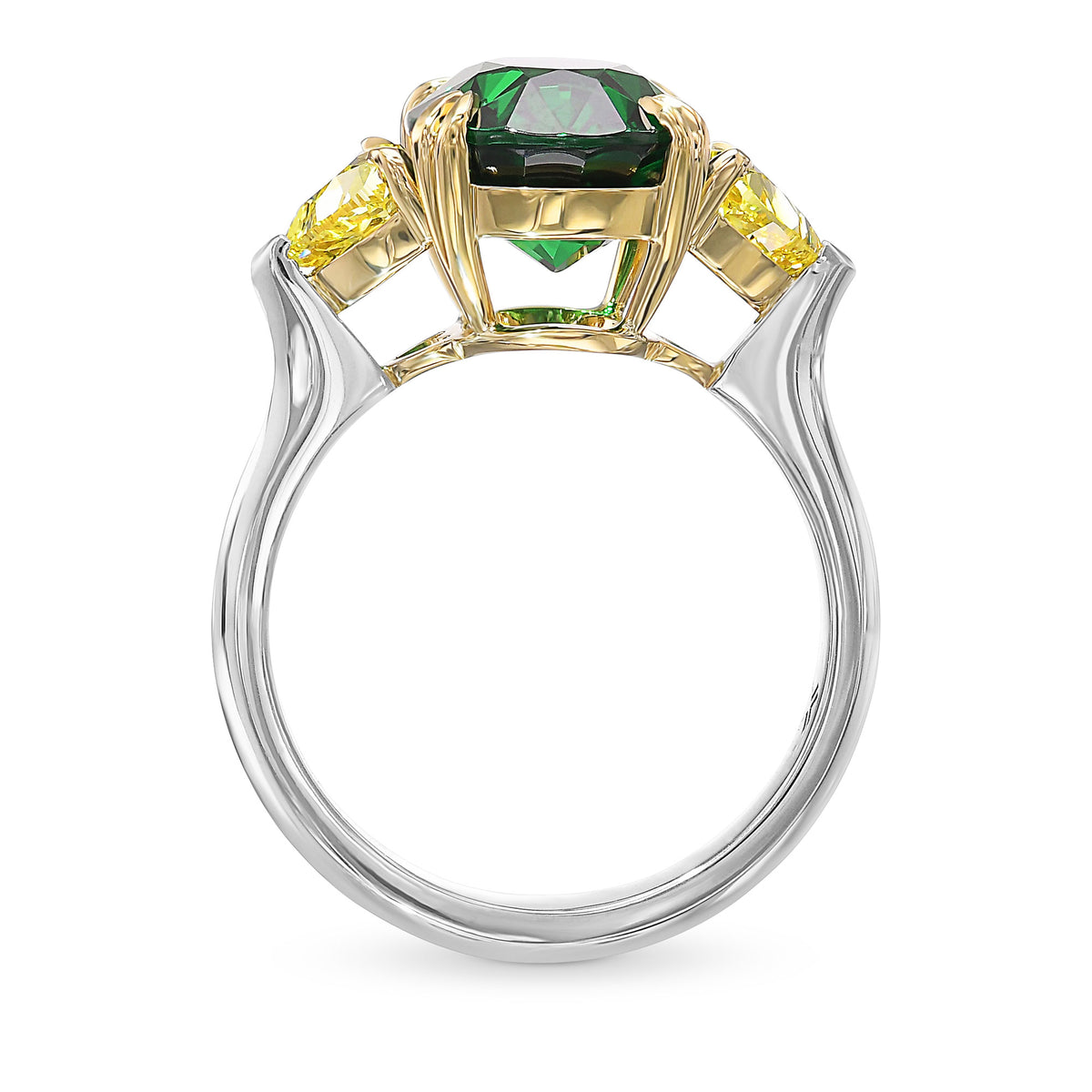  Tsavorite and Fancy Vivid Yellow Diamond 3 Stone Ring
