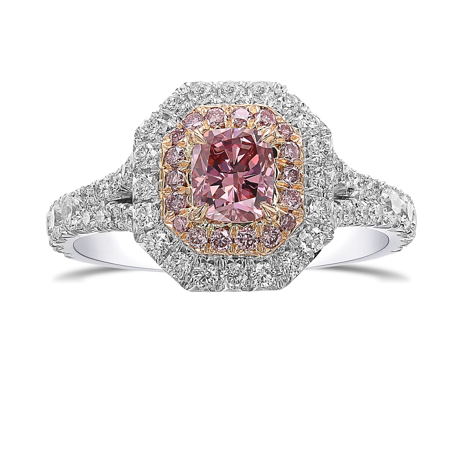 Fancy Intense Pink Cushion Double Halo Diamond Ring