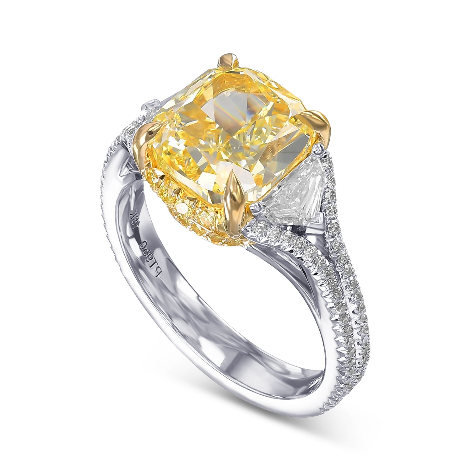 Fancy Yellow Cushion 3 Stone Diamond Ring