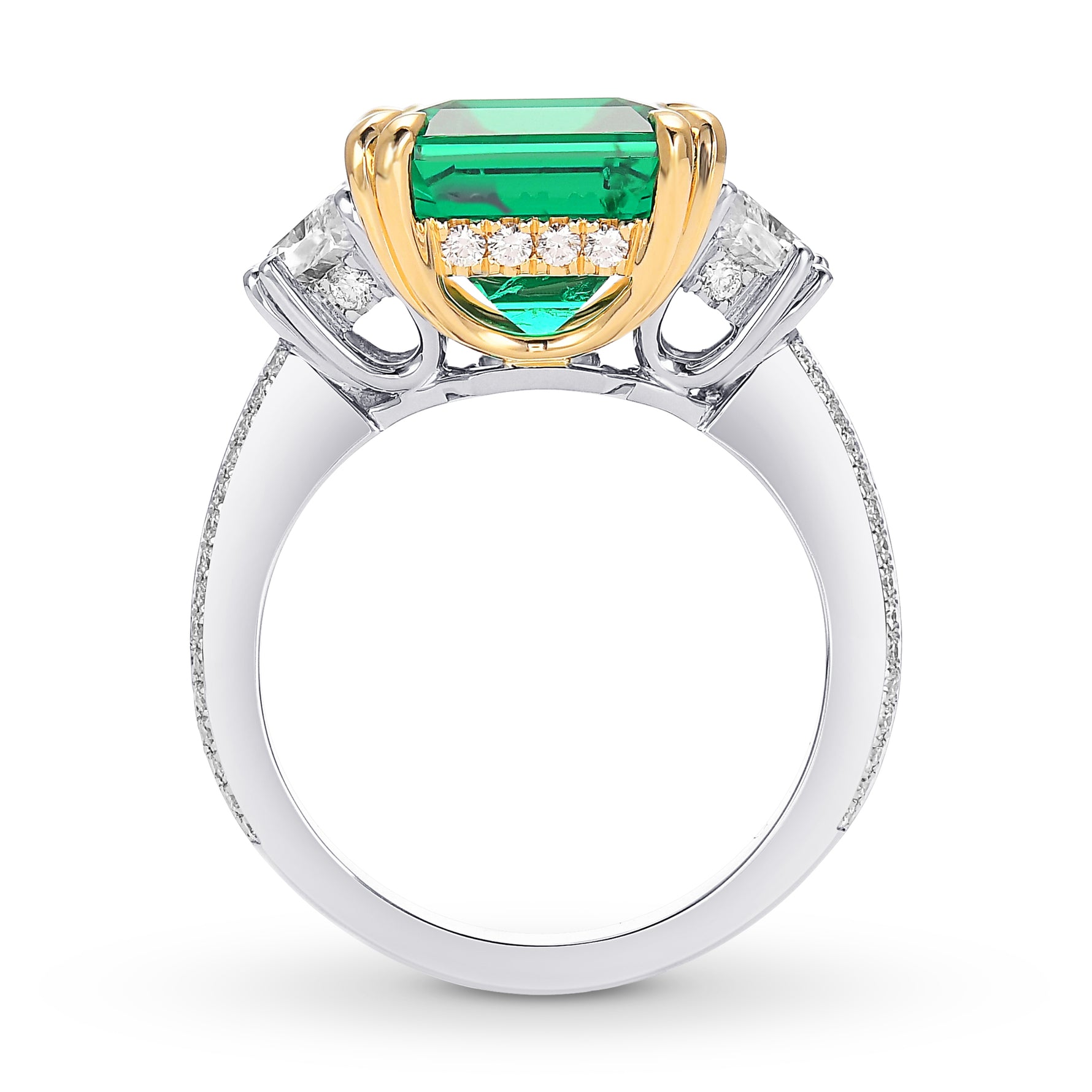 Emerald and Trapezoid Side Stone Diamond Ring
