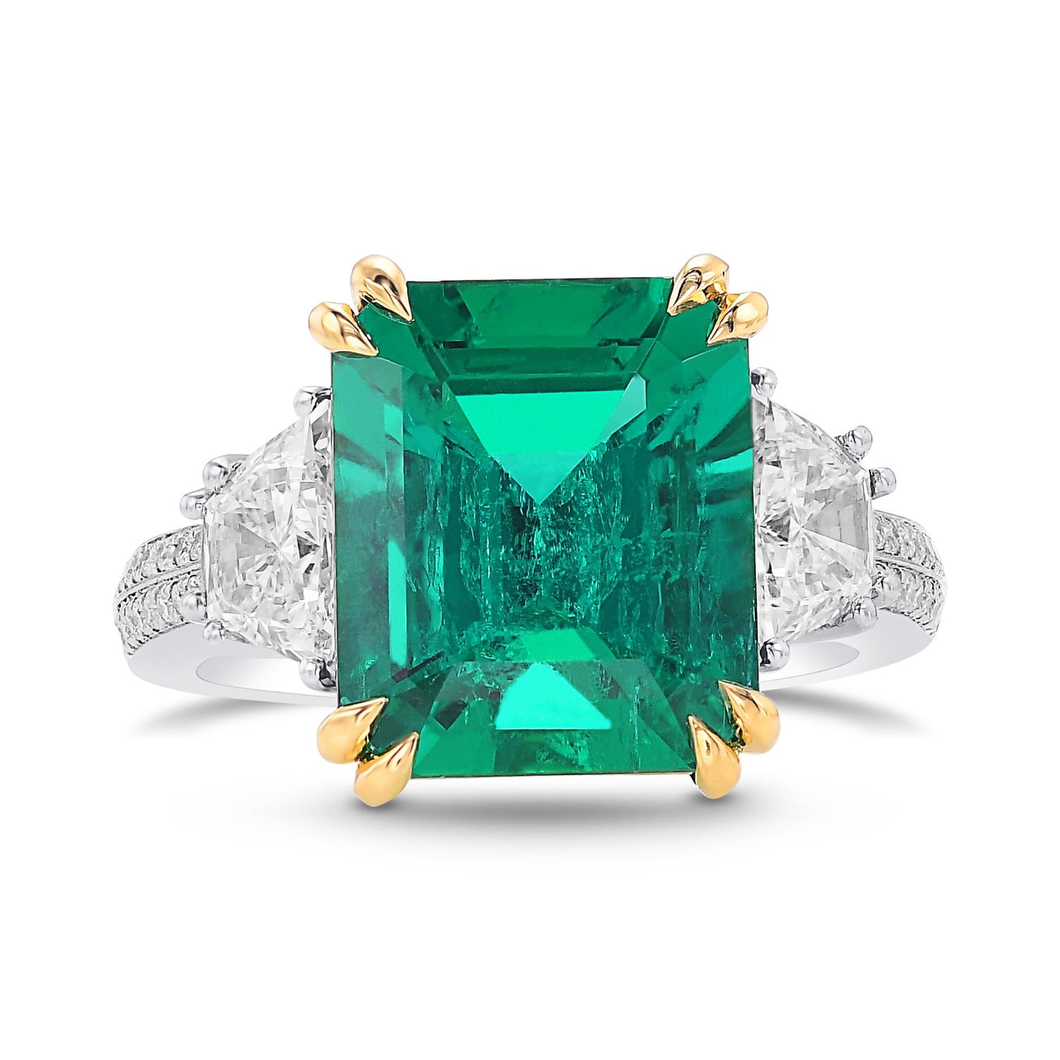Emerald and Trapezoid Side Stone Diamond Ring