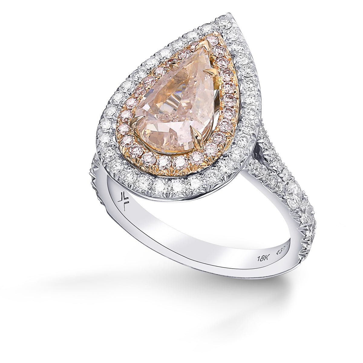 Fancy Light Brown Pink Pear Double Halo Diamond Ring