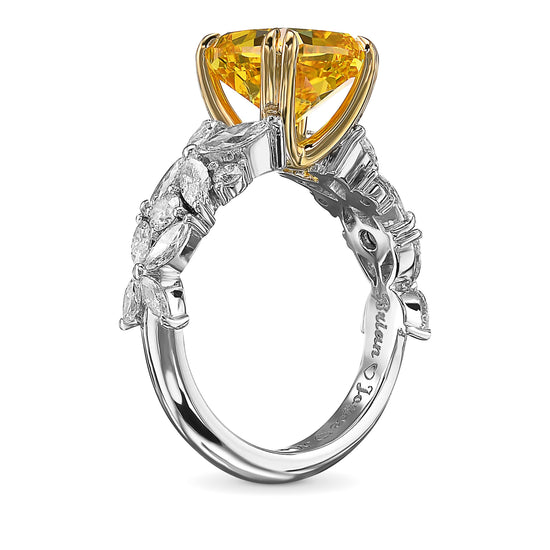  Extraordinary Fancy Vivid Orangy Yellow Cushion Diamond Ring