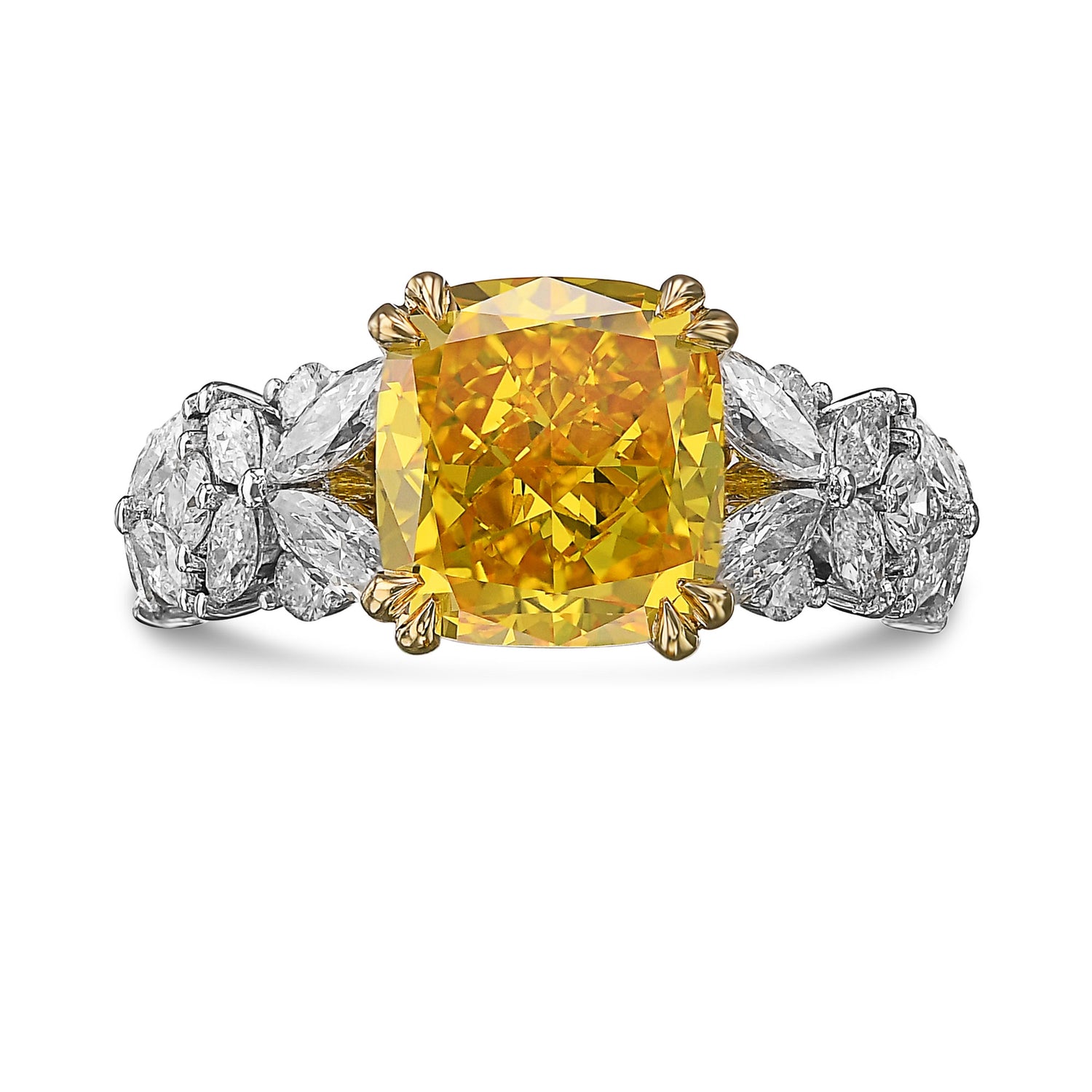  Extraordinary Fancy Vivid Orangy Yellow Cushion Diamond Ring