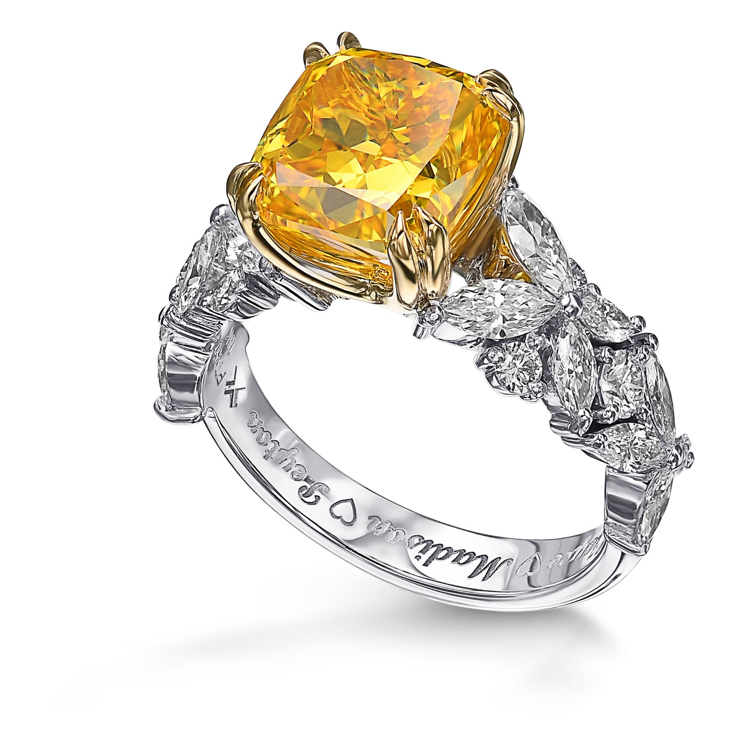  Extraordinary Fancy Vivid Orangy Yellow Cushion Diamond Ring