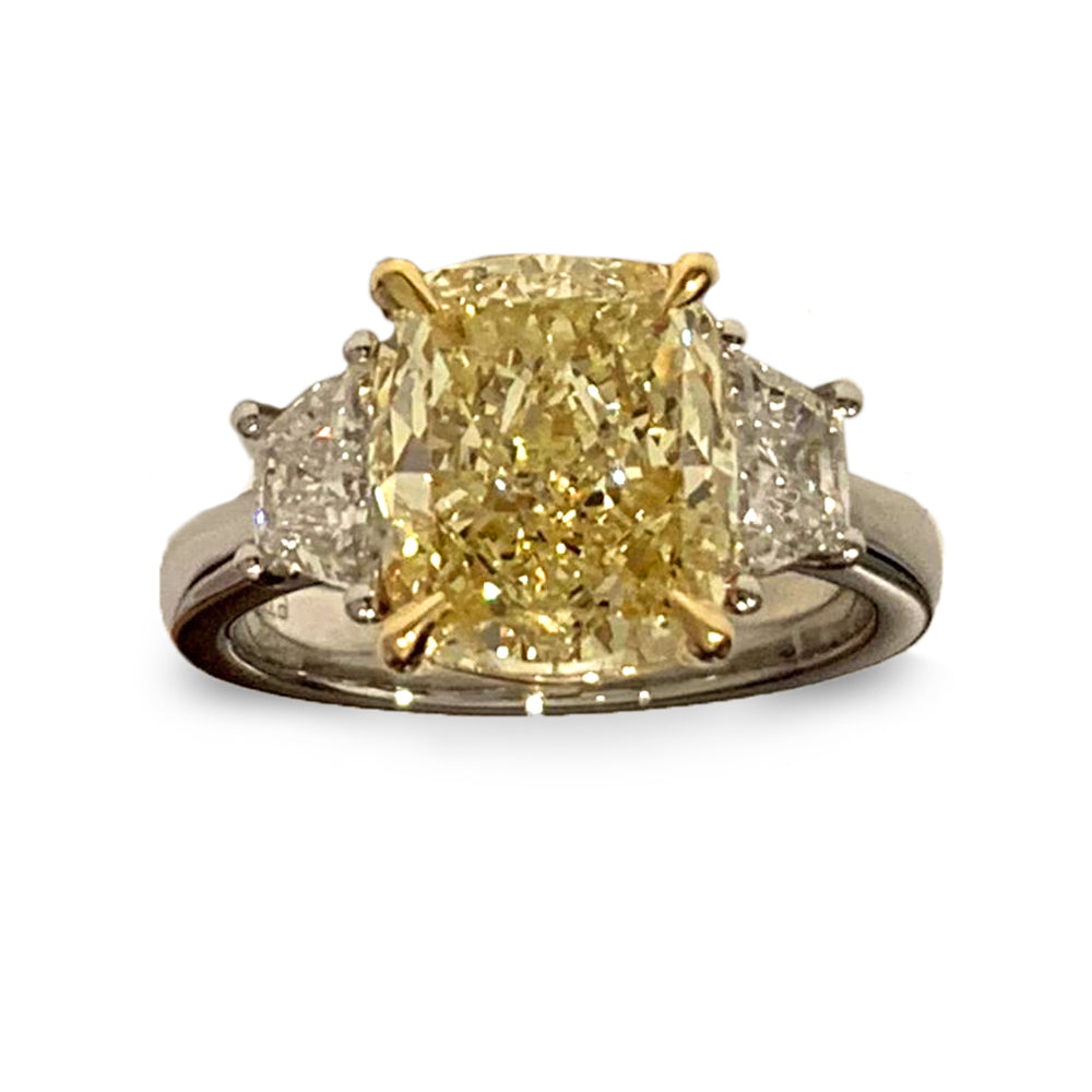 Light Yellow Cushion 3 Stone Diamond Ring