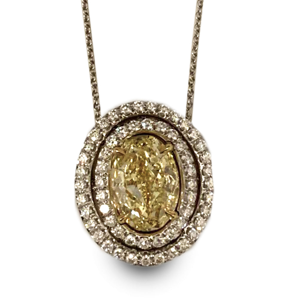 Fancy Light Yellow Oval Double Halo Diamond Pendant 