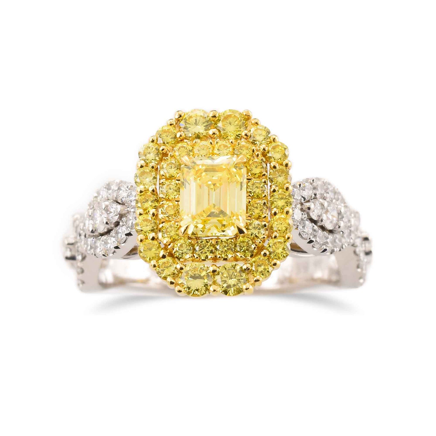 Fancy Intense Yellow Emerald Double Halo Ring