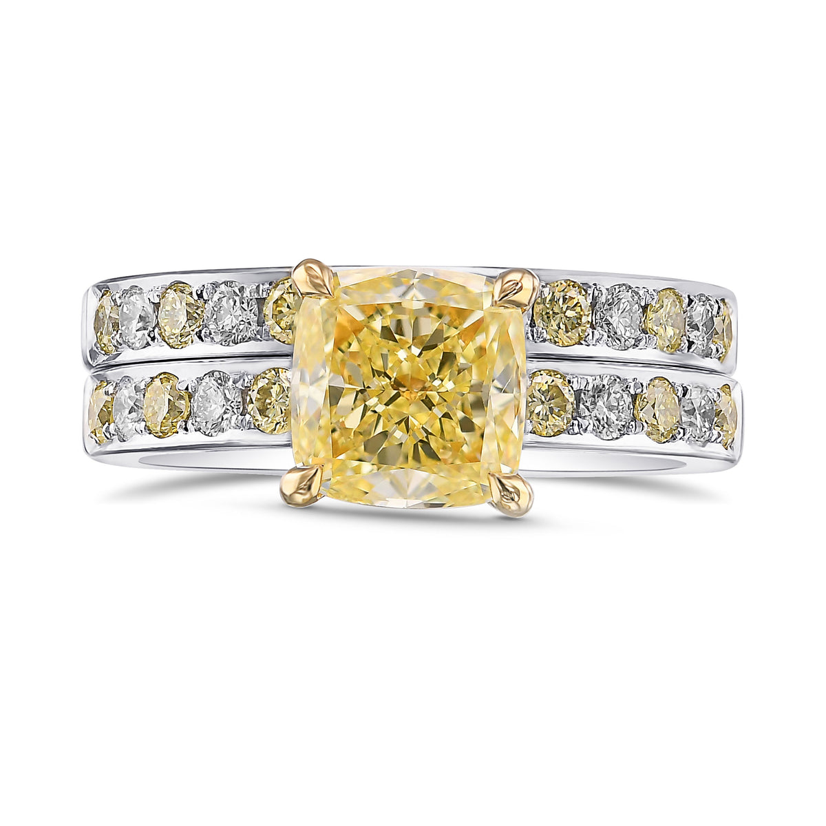 Fancy Yellow Cushion Side-stone Engagement & Wedding Ring Set