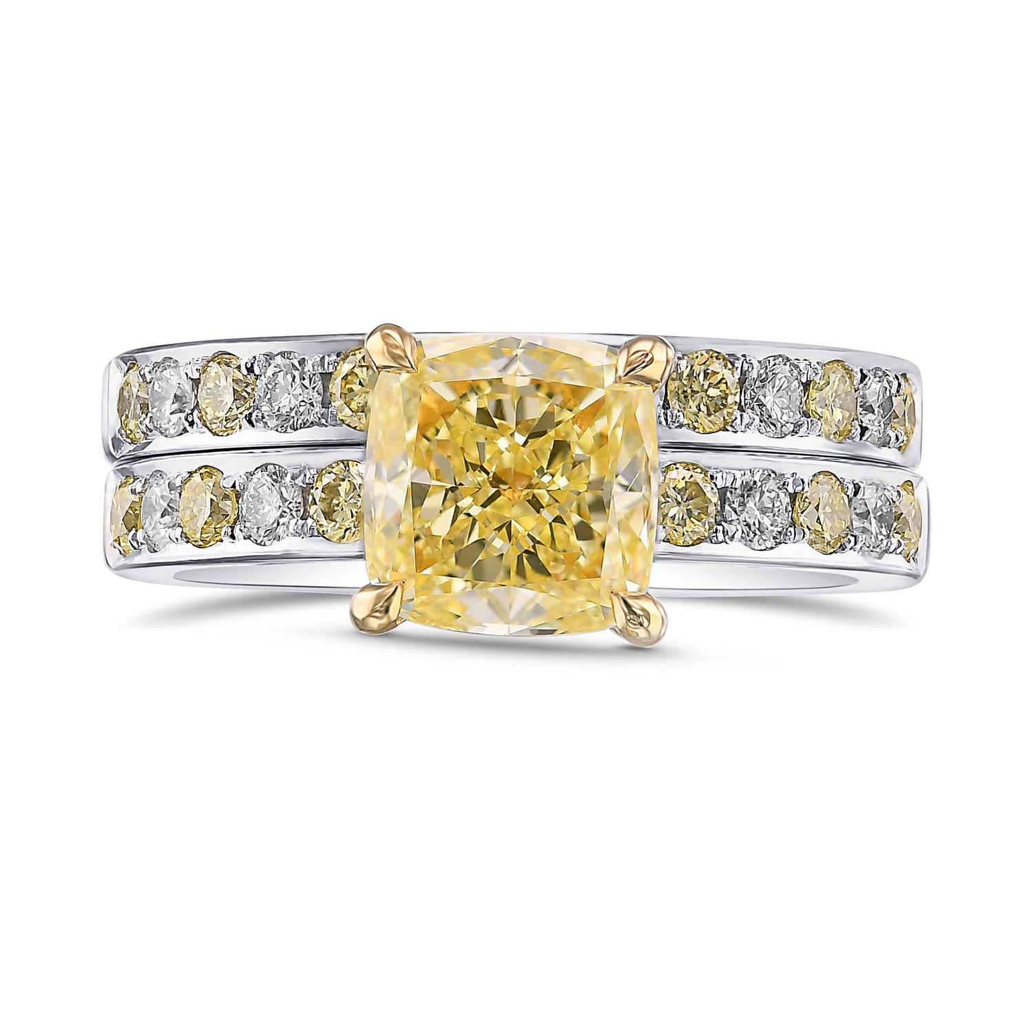 Fancy Yellow Cushion Side-stone Engagement & Wedding Ring Set