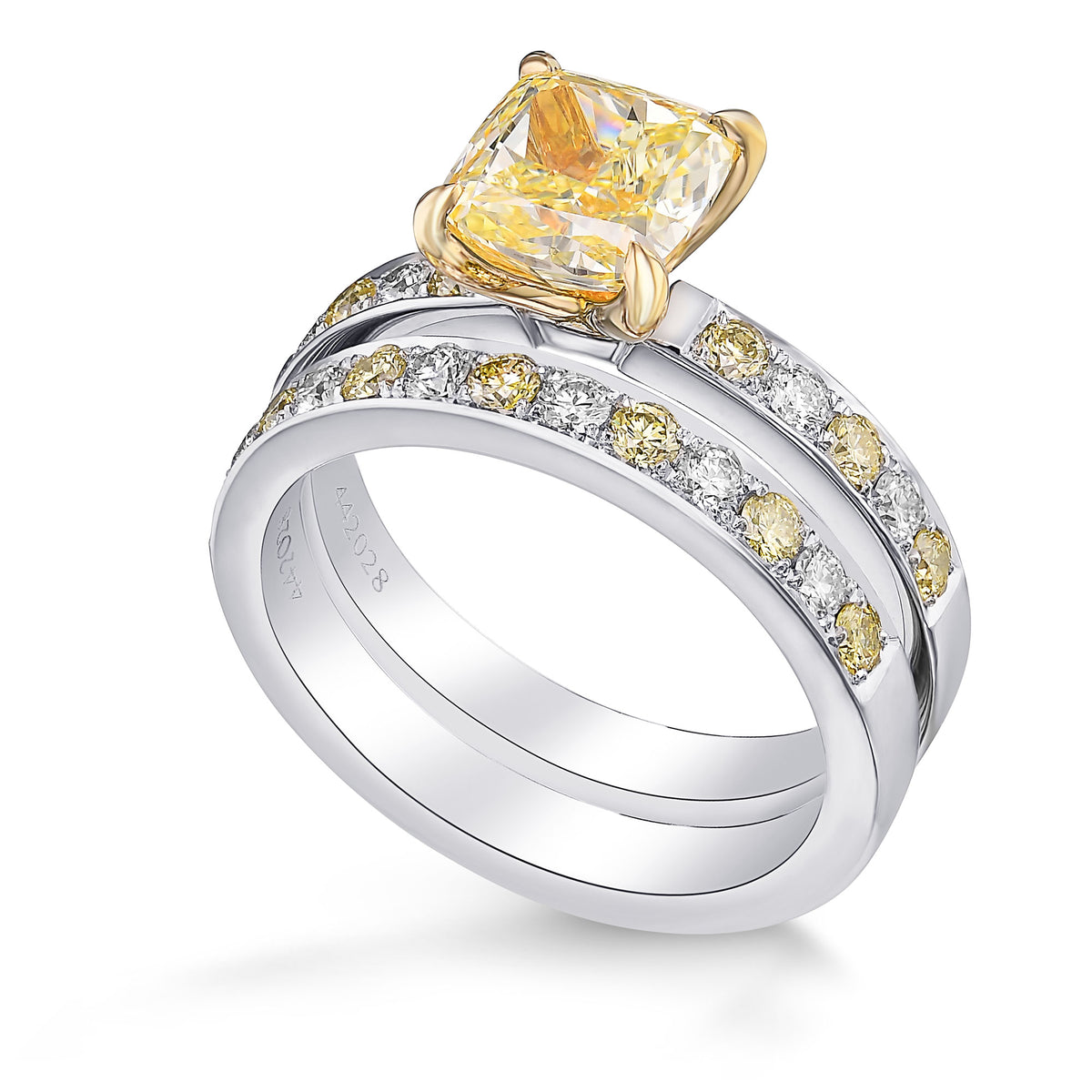 Fancy Yellow Cushion Side-stone Engagement & Wedding Ring Set