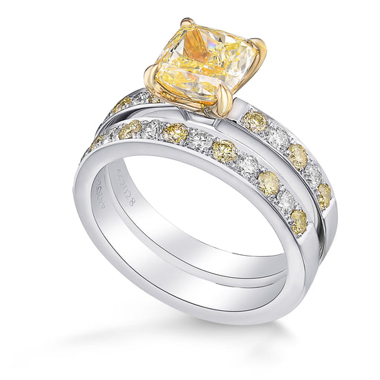 Fancy Yellow Cushion Side-stone Engagement & Wedding Ring Set