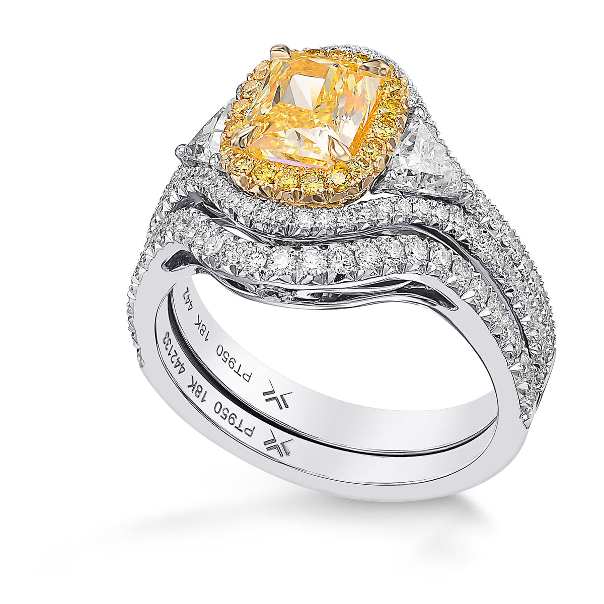 Fancy Intense Yellow Radiant Double Halo Diamond Ring With Matching Wedding Band