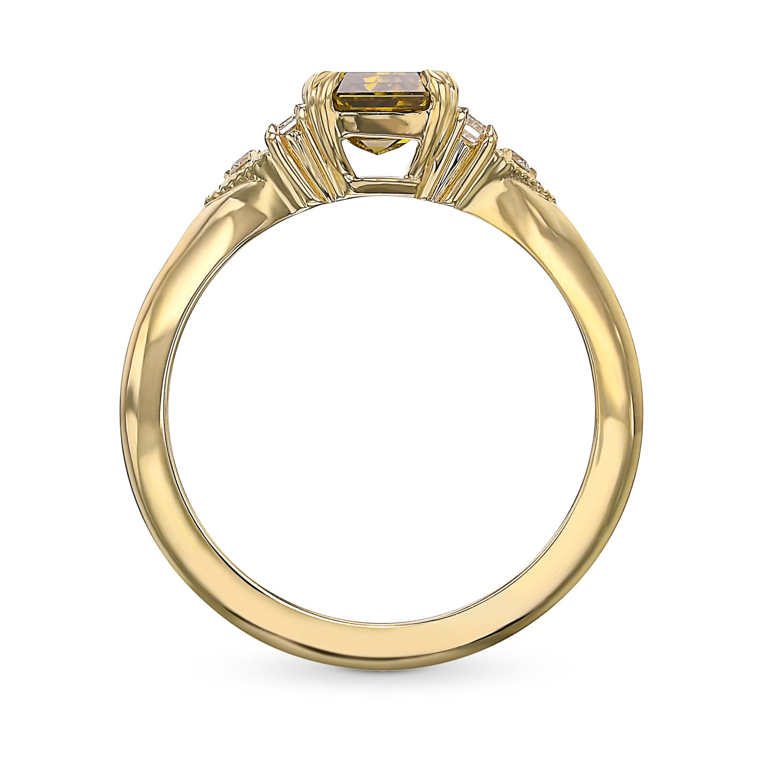 Fancy Deep Brownish Greenish Yellow Emerald Side Stone Diamond Ring 