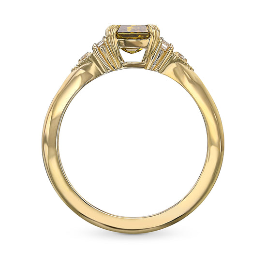 Fancy Deep Brownish Greenish Yellow Emerald Side Stone Diamond Ring 