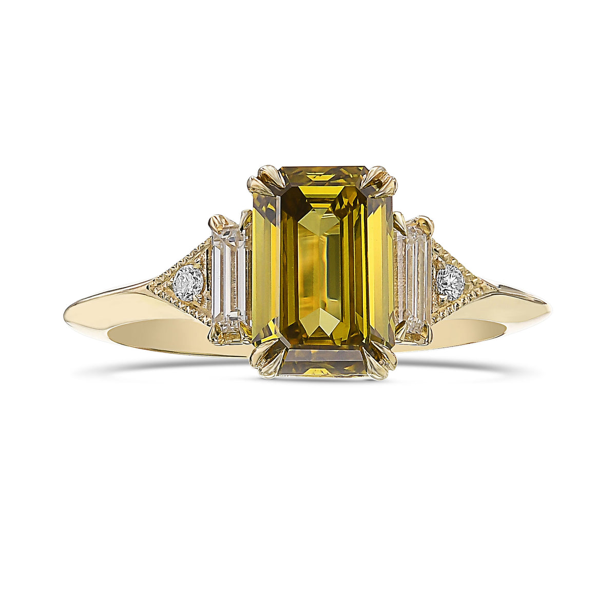 Fancy Deep Brownish Greenish Yellow Emerald Side Stone Diamond Ring 