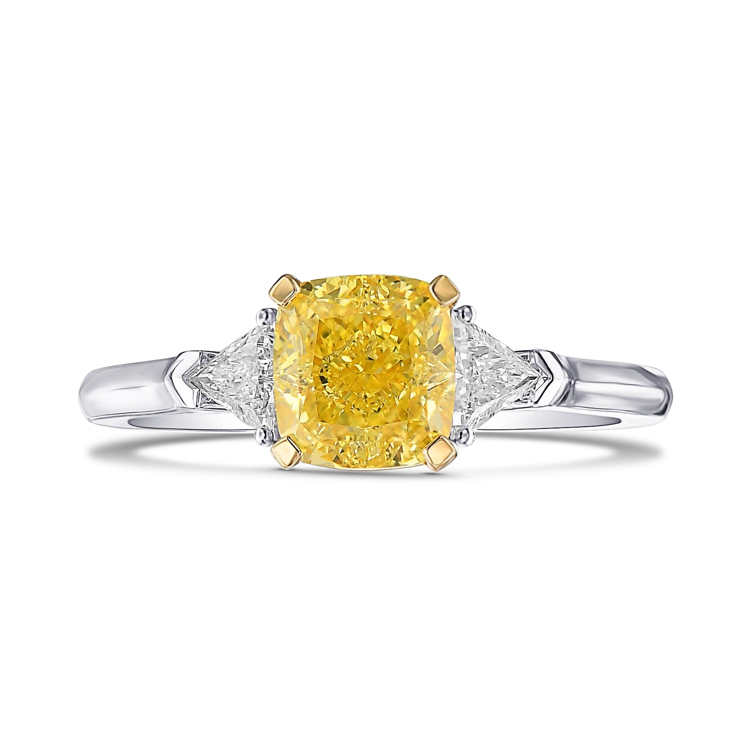 Fancy Intense Yellow Cushion Diamond 3 Stone Ring