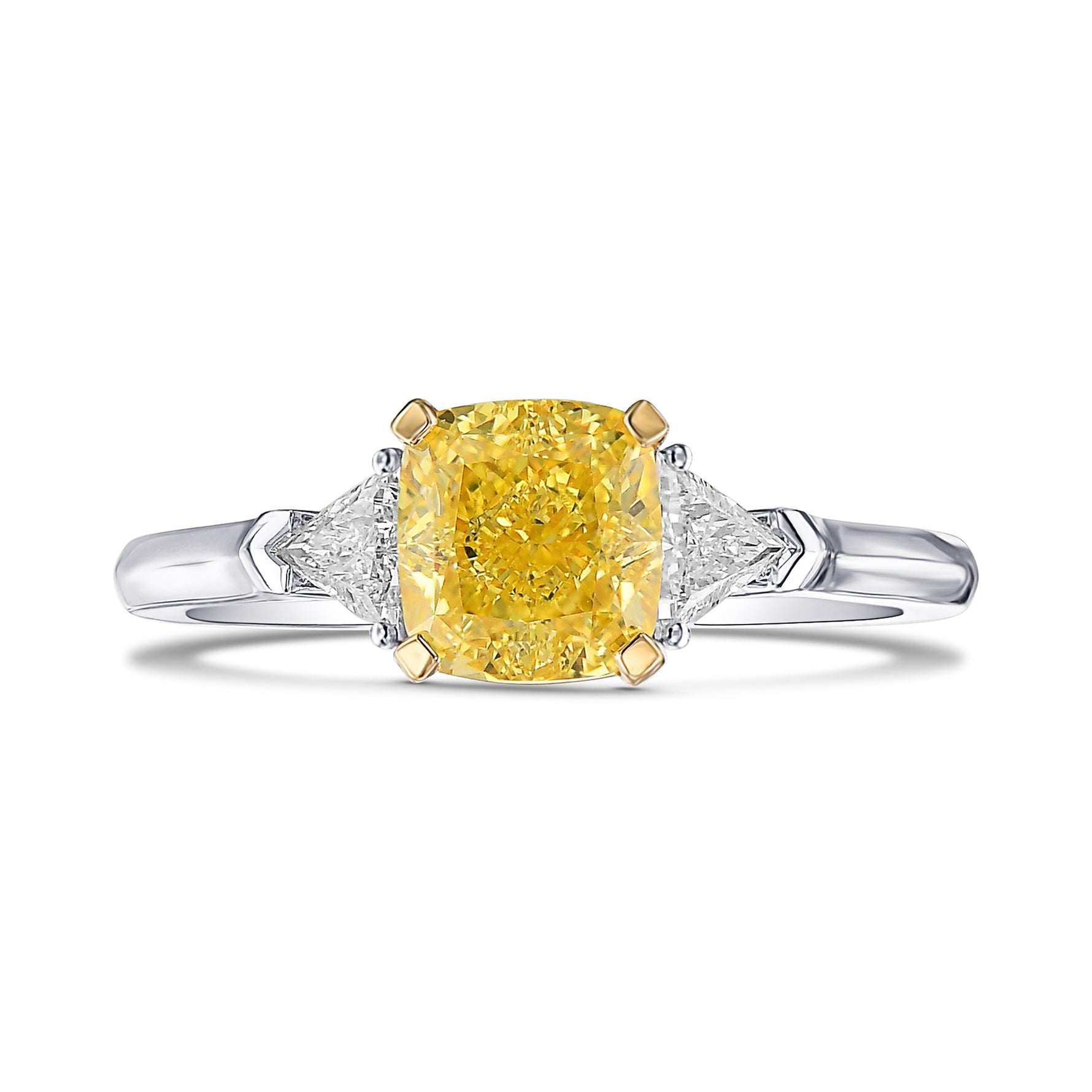 Fancy Intense Yellow Cushion Diamond 3 Stone Ring
