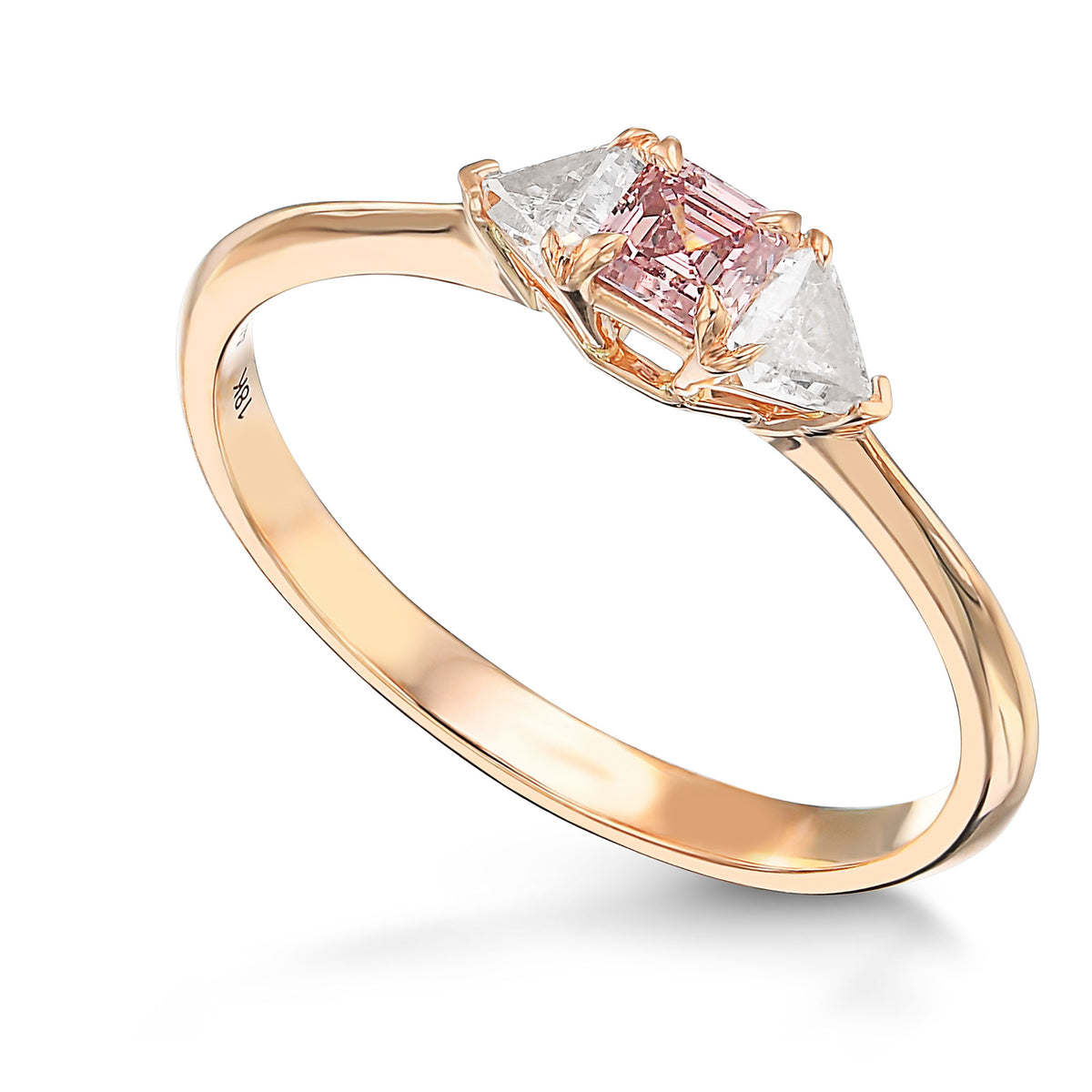 Argyle Fancy Orangy Pink Asscher & Shield Diamond 3 Stone Ring 