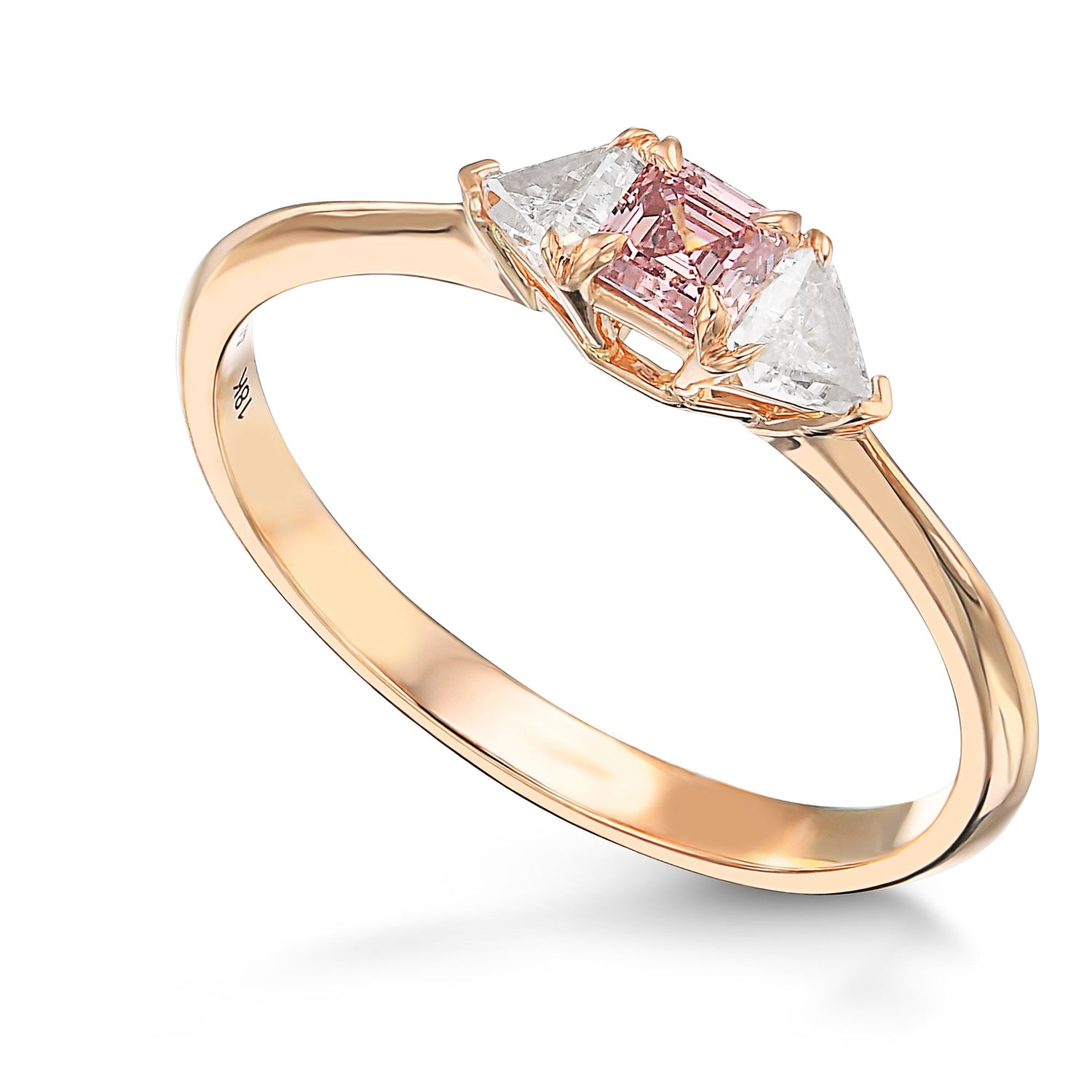 Argyle Fancy Orangy Pink Asscher & Shield Diamond 3 Stone Ring 