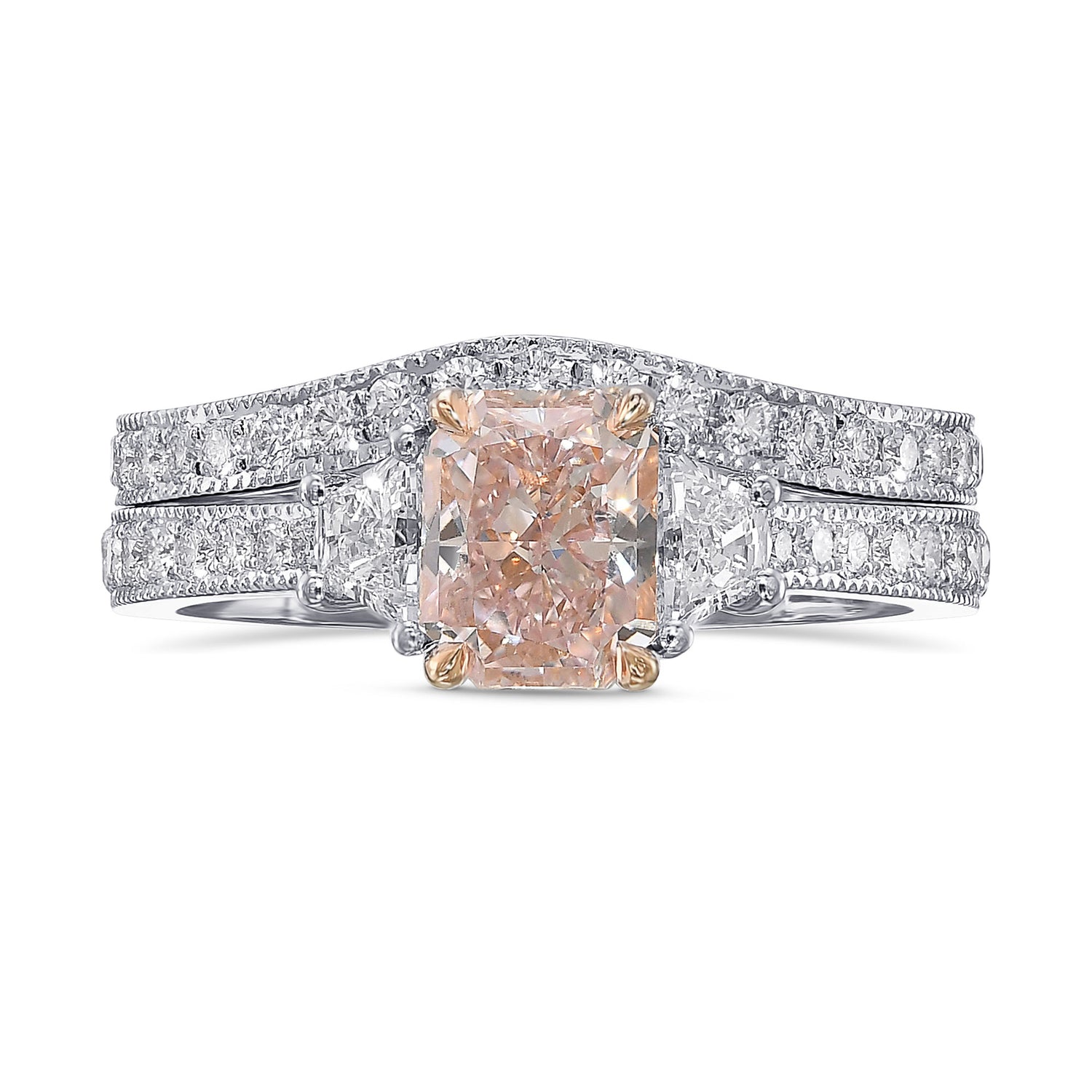 Fancy Pink Radiant 3-stone Diamond Wedding Set Rings 