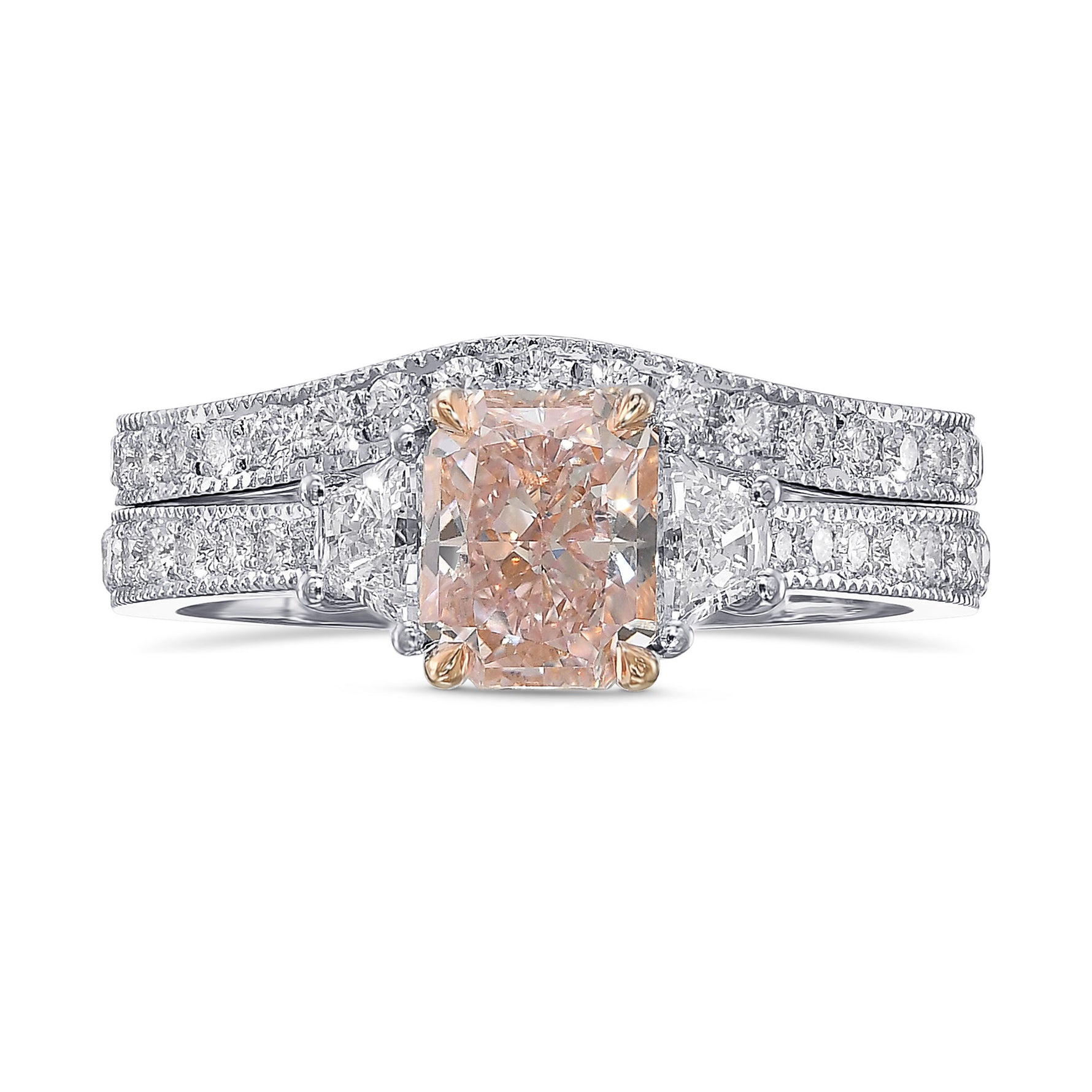 Fancy Pink Radiant 3-stone Diamond Wedding Set Rings 