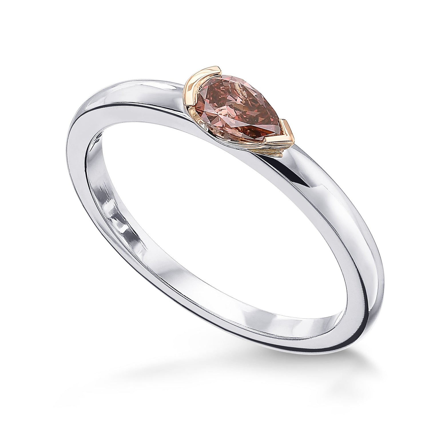 Fancy Deep Orangy Pink Pear Solitaire Diamond Ring
