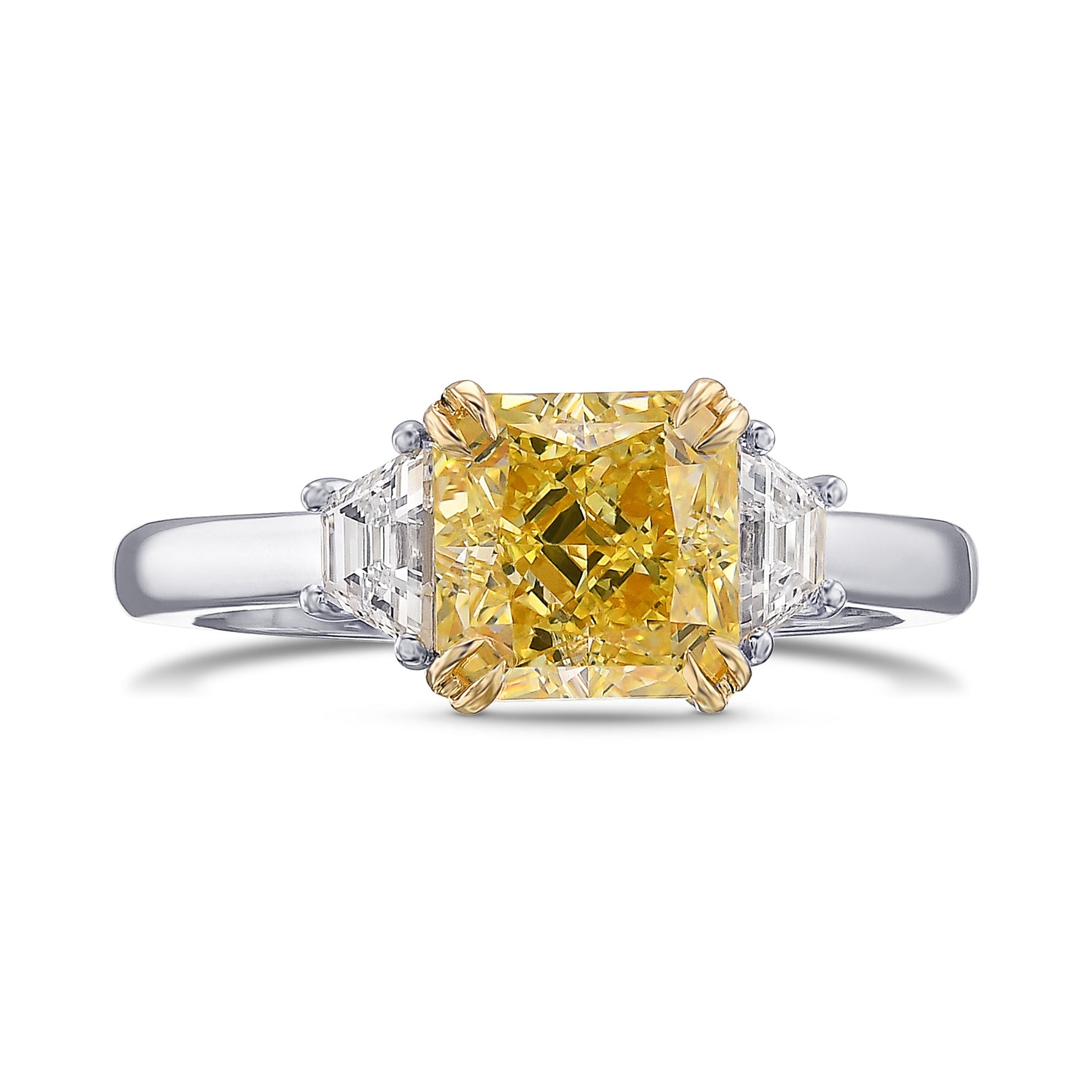 Fancy Intense Yellow Radiant and Trapezoid 3-stone Diamond Ring 