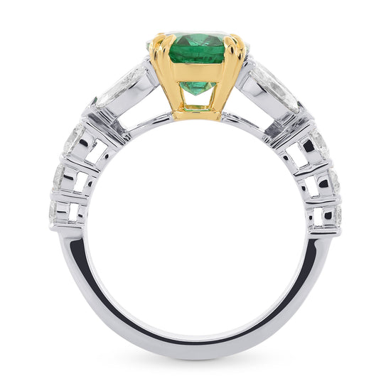 Green Zambian Oval Emerald & Marquise Diamond Ring