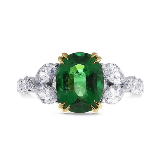 Green Zambian Oval Emerald & Marquise Diamond Ring