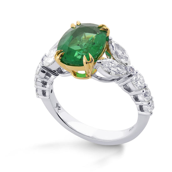 Green Zambian Oval Emerald & Marquise Diamond Ring