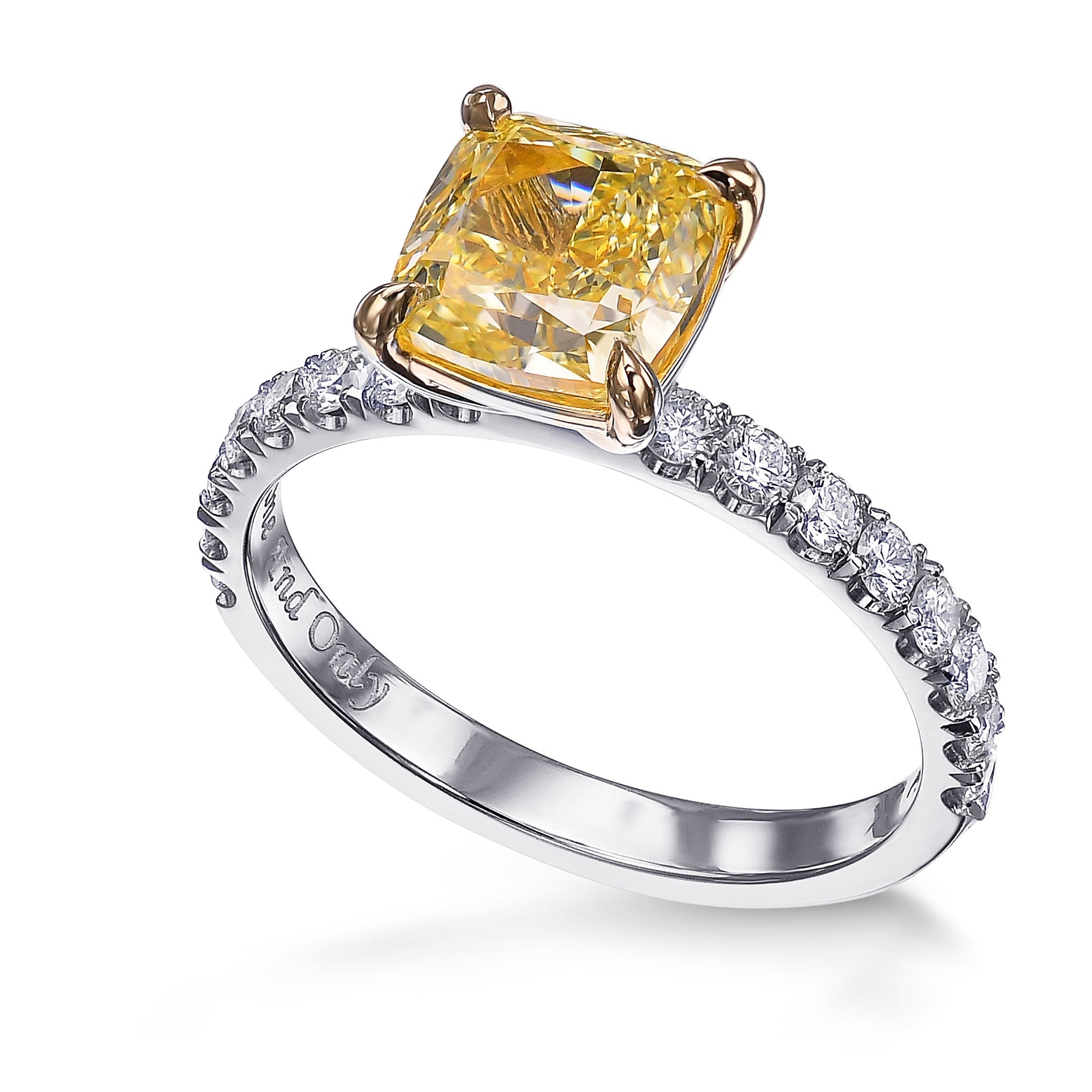 Fancy Yellow Cushion Side-stone Diamond Ring 