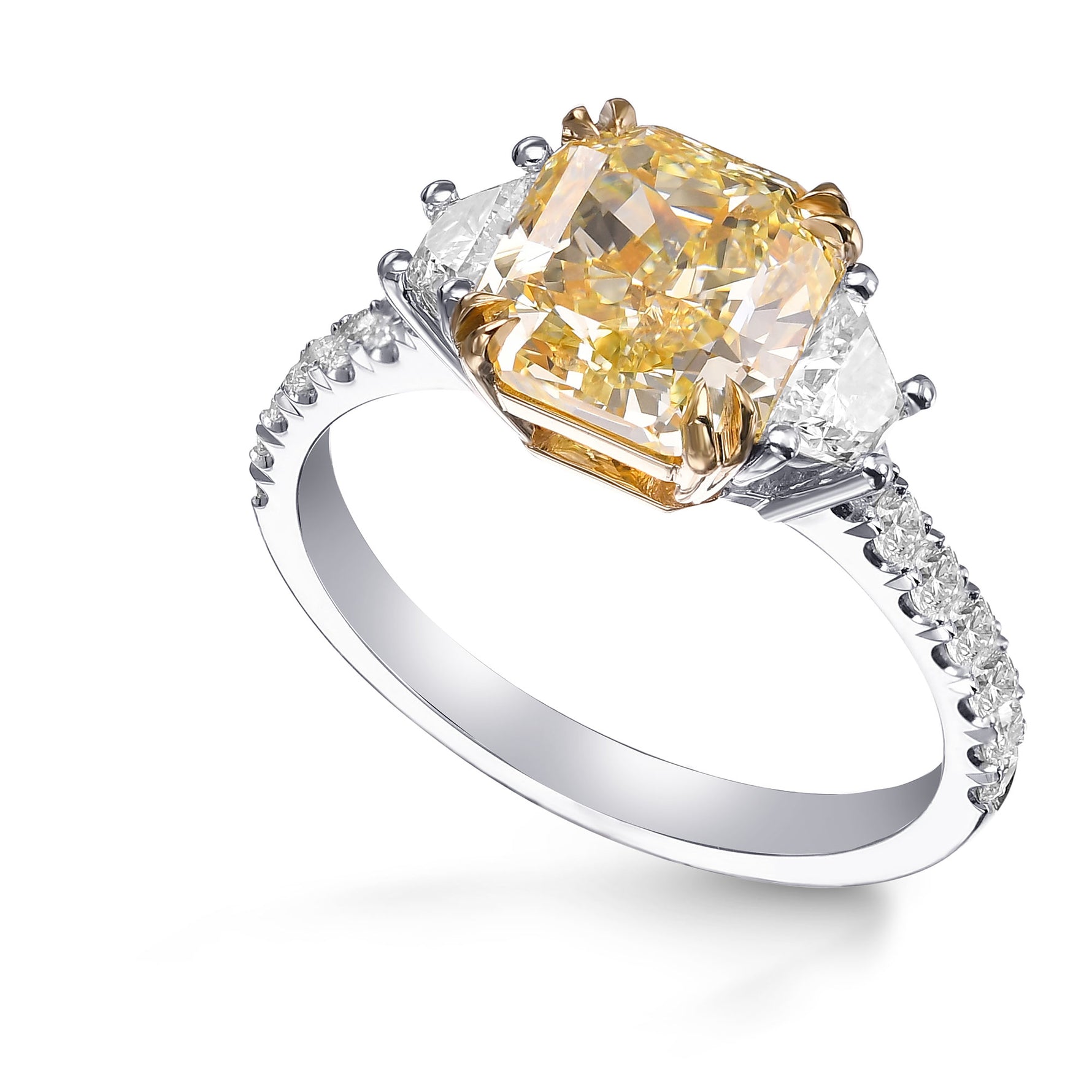 Fancy Yellow Radiant & Trapezoid Diamond Pave Side-Stone Ring 