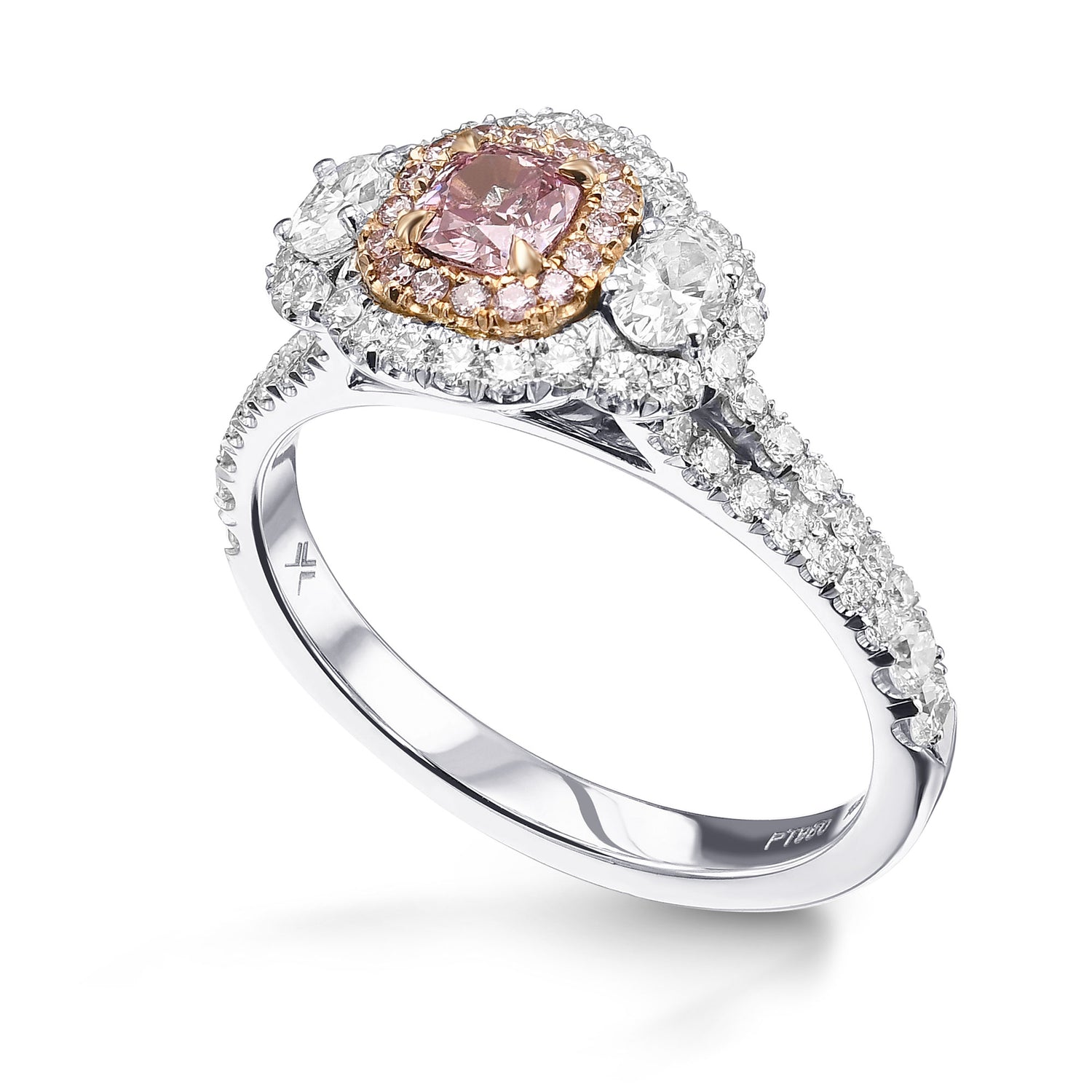 Fancy Intense Purplish Pink Cushion & Oval 3-stone Diamond Ring